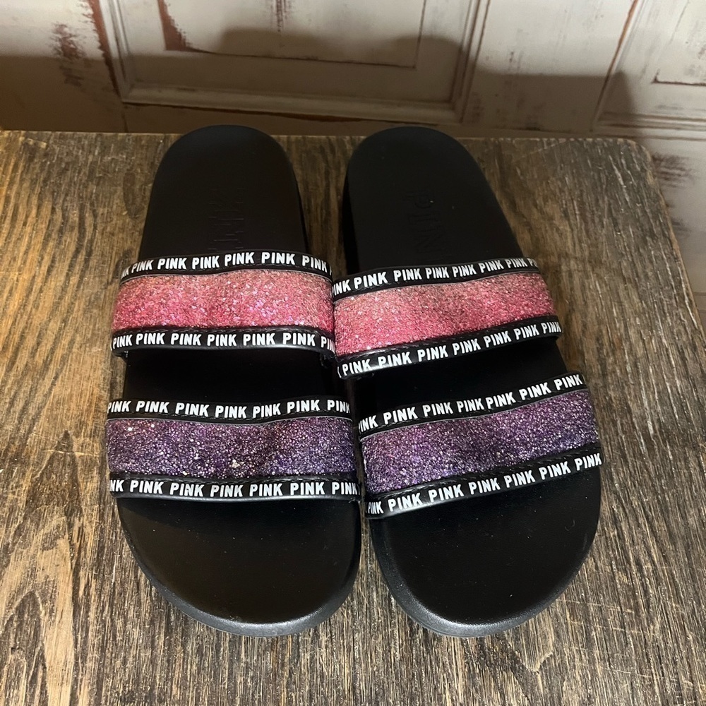 Victorias Secret Pink Pink Purple Glitter Ombre Slide Sandel Small 36 5.5 6